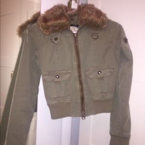 Guess cropped bomber jacket faux fur collar sz xs